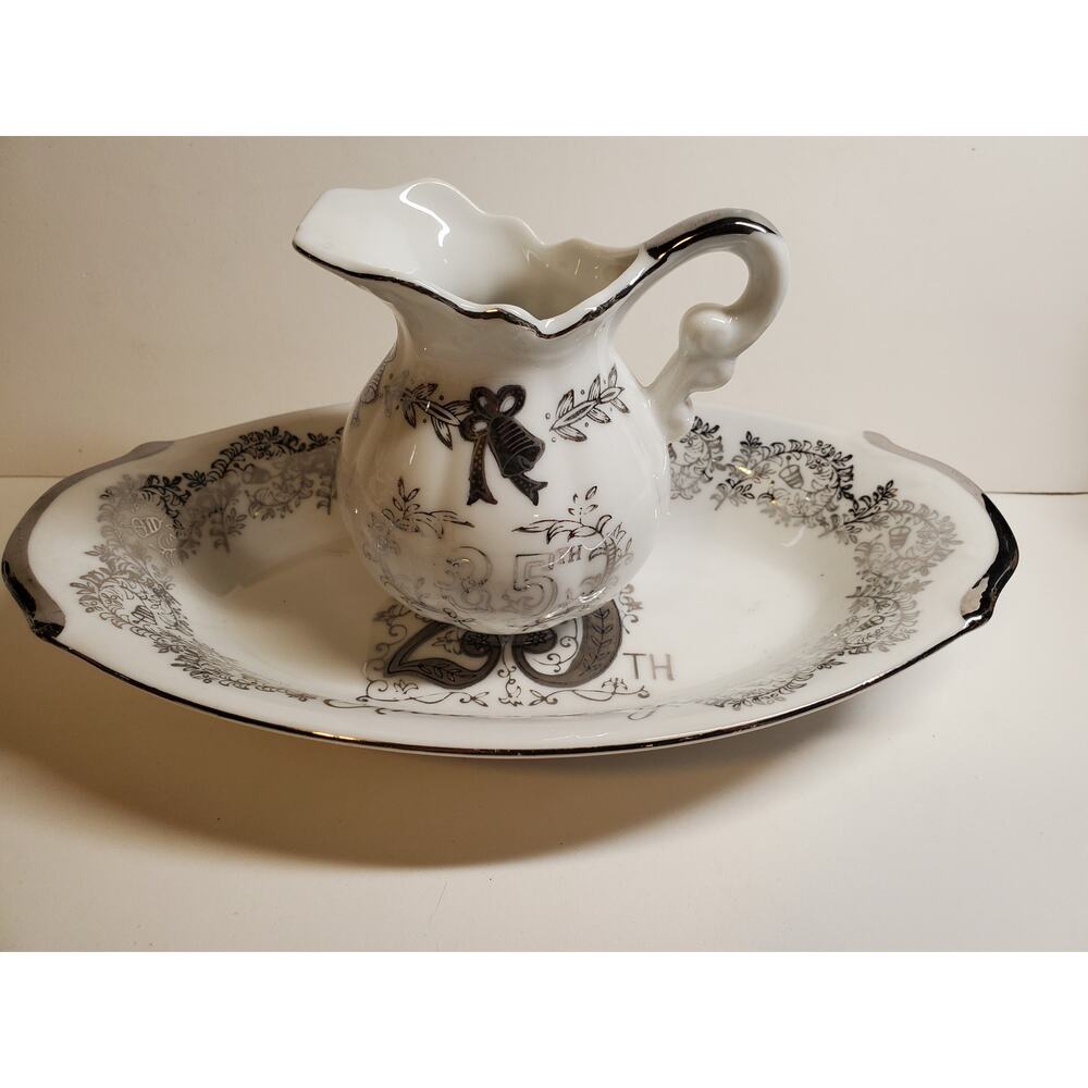 Norcrest Fine China 25th Anniversary Dish and Creamer Silver Wedding Anniversary